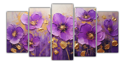 100x50cm Pintura En Lienzo De Flores Púrpuras Y Doradas Par