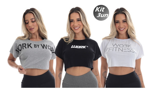 Kit 3 Camiseta Cropped Feminina Fitness Estampada