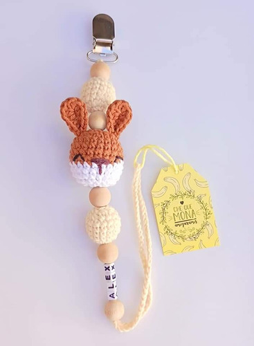Portachupete Cuentas De Madera Y Nombre, Amigurumi, Crochet