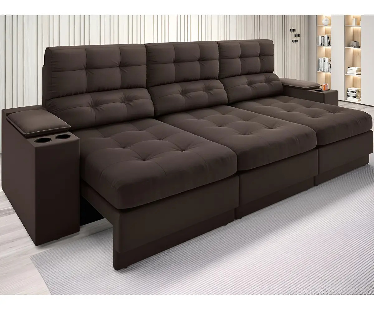 Sofá Retrátil Reclinável 4 Lugares Eureka 2,30m Velosuede USB Porta Copos Chocolate