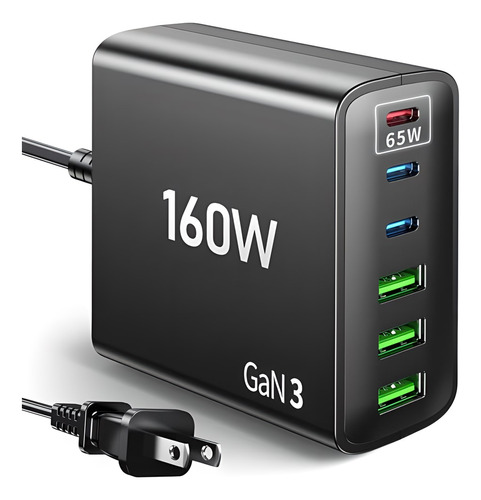 Cargador Rápido Usb C: Gan 160w, 6 Puertos Pd, iPad, Galaxy