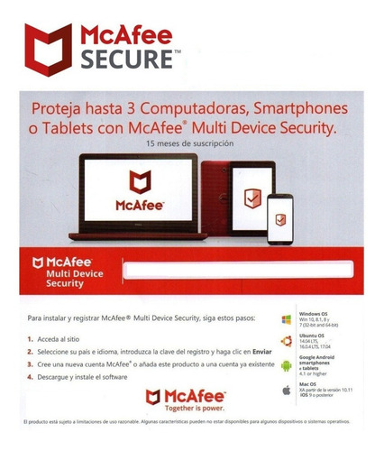 Imagen 1 de 1 de Antivirus Mcafee Security Center 3 Dispositivos - 15 Meses