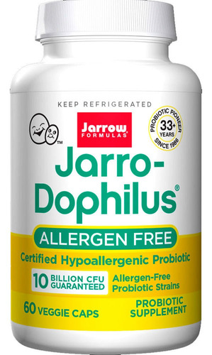 Jarro-dophilus Allergen-free Con Cepas Elaboradas Sin El Uso De Los Principales Alérgenos, Probiótico Hipoalergénico Certificado, 10 Billones De Cfu Por Cápsula, Contiene 60 Cápsulas.