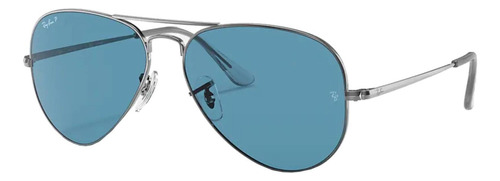 Anteojos de sol polarizados Ray-Ban Aviator RB3689 Standard con marco de metal color polished gunmetal, lente blue de cristal clásica, varilla polished gunmetal de metal