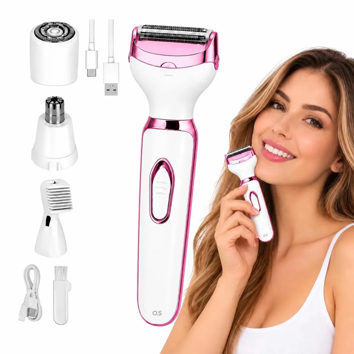 Depilador Elétrico Feminino 4 em 1 Recarregável USB para Corpo e Rosto