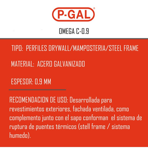 Perfil Omega 2,60mts Esp 0,9mm Mamposteria Steel Frame P-gal