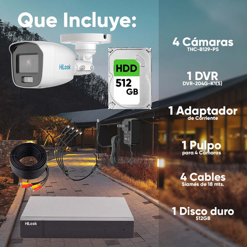 Hilook HL-1080-CV/A/512GB Kit De Video Vigilancia Turbohd Con Dvr 4 Canales Con H.265+ 4 Cámaras Bala Metálicas Disco Duro 512gb