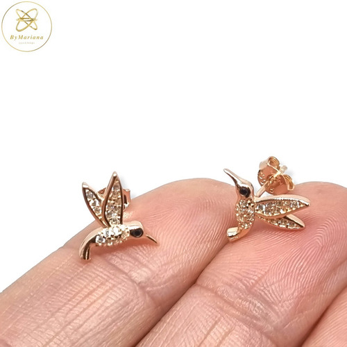 Imagen 3 de 5 de Aros Plata Rose Colibri Pasante Micro Pave 10x10 Mm