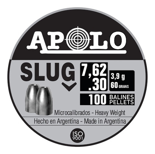 Imagen 2 de 10 de Balines Apolo Slug X100 7,62 Mm .30 Punta Solida Hueca 60 Gr
