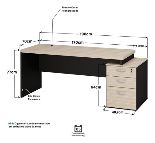 Mesa De Escritório Pedestal 3 Gavetas 190x70cm