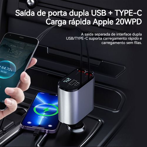 Carregador Turbo De Carro Retrátil Para iPhone Com 2cabo+led