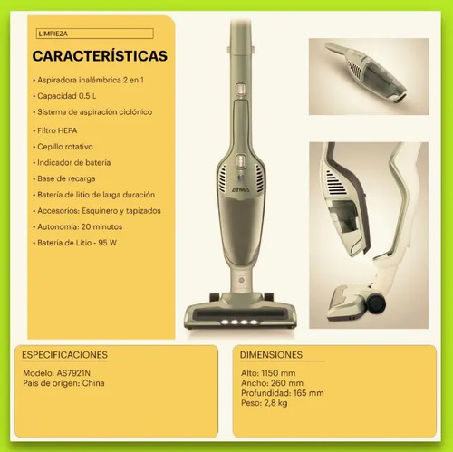 Atma As7921n Aspiradora 2 En 1 Recargable E Inalambrica Hepa | Envío gratis