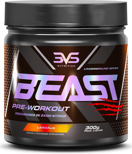 Pré Treino Beast 300g - Fórmula Com 7 Componentes Que Atuam Na Vasodilatação, Recuperação Energética, Aumento Do Óxido Nítrico, Desintoxicação E Melhora Da Concentração E Foco - Laranja