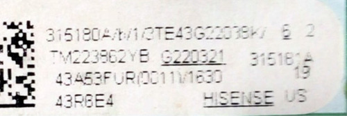 Main Hisense 315180 / Rsag7.820.12376/roh / 315181 / 43r6e4 (Usado)
