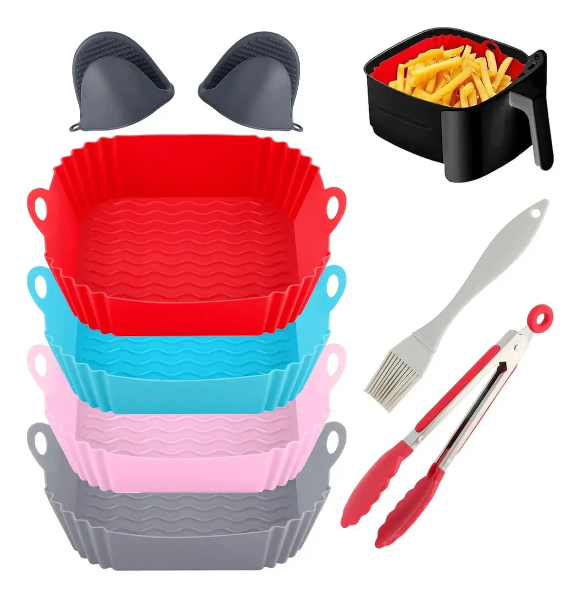 Pack Molde de Silicona para Freidora de Aire Cuadrada con Accesorios, 8 Piezas