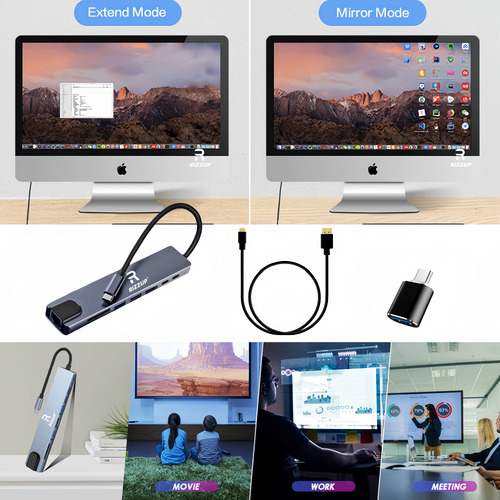 RIZZUP® Caviglte Tipo C Hub 8 En 1 Adaptador Usb C A Hdmi Con Ethernet
