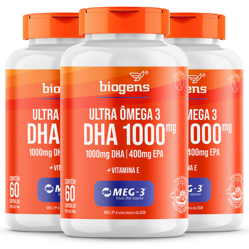 Kit de 3 cápsulas Ultra Omega 3, 1000 mg de DHA, 400 mg de EPA, certificado internacional de seguridad Meg-3, Biogens