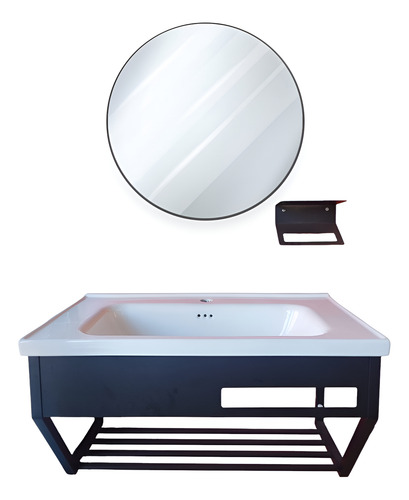 Kit De Vanitorio Flotante Moderno 80x50cm Con Espejo Redondo