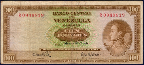Billete De 100 Bolívares R7 Mayo 10 De 1966 Simón Bolívar