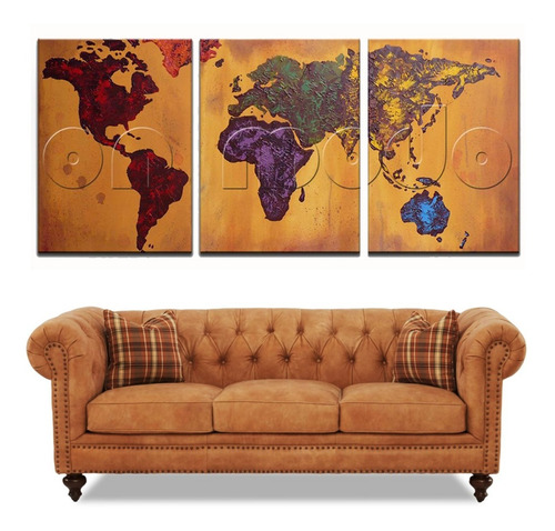 Cuadros Mapa Tripticos Decorativos Mapamundi Planisferio Atlas Texturados Pintados A Mano