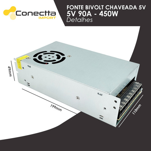Fonte 5v 90a 450w Chaveada Estabilizada Bivolt Com Cooler