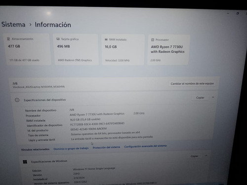 Notebook Asus Vivobook M1603qa Ryzen 7 Gris (Usado)