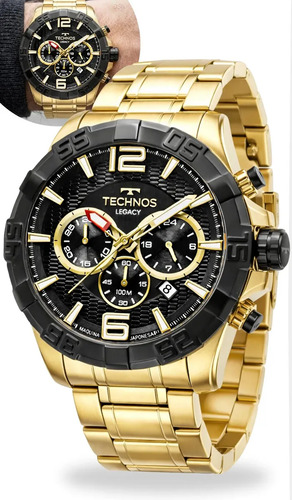 Relógio Technos Masculino Legacy Cronógrafo Aço Dourado Preto 100m