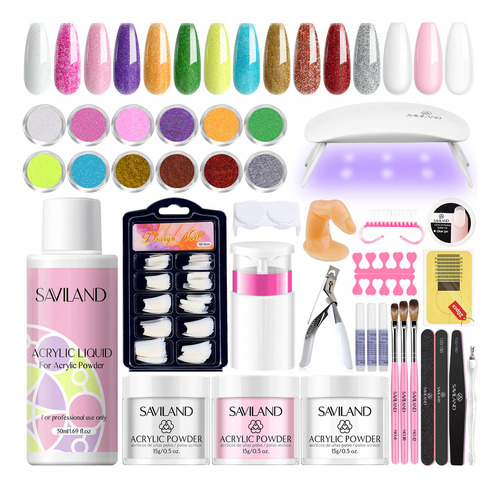 Saviland Kit De Uñas Acrílicas. Monómero Ema, Lámpara, Tips Color 3 Colores