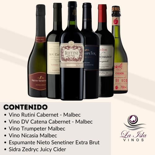 Vinos Clasicos + Espumante + Sidra. Caja Full 6 Botellas --