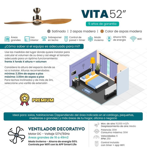 Ventilador Vita Dos Aspas Minimalista Madera Satin Masterfan