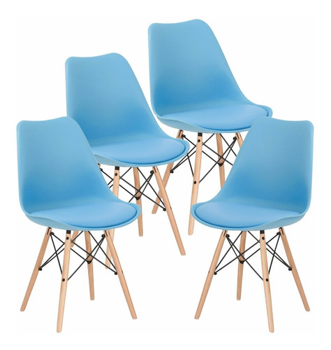 Set 4 Sillas Eames Comedor Moderno Cojin Vintage Madera Casa Color del asiento Azul Diseño de la tela Liso