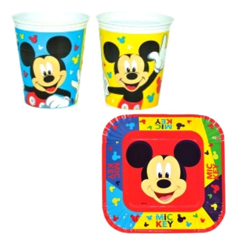 Plato + Vaso Descartable Mickey Mouse Cotillón X 10 Unidades