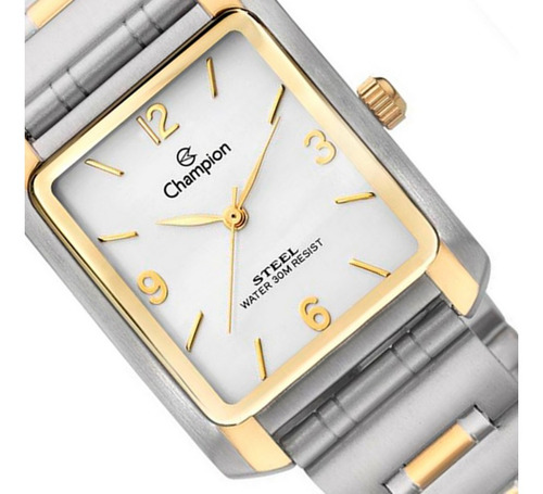 Relogio Masculino Champion Quadrado Prata Com Dourado + Nf