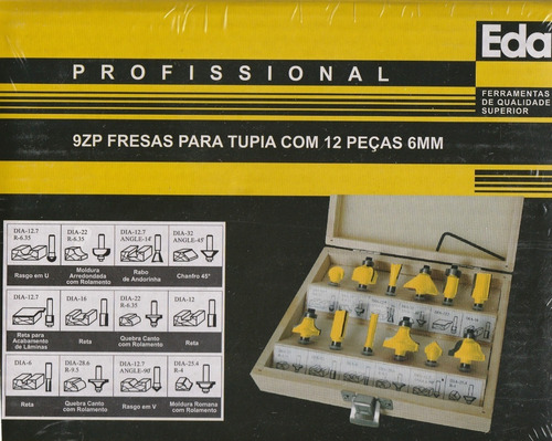 Jogo De Fresas Para Tupia Madeira Haste 6mm Com 12 Peças Eda