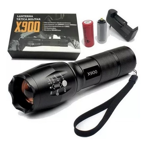 Lanterna Tática Militar X900 Recarregável C/ Zoom Completa