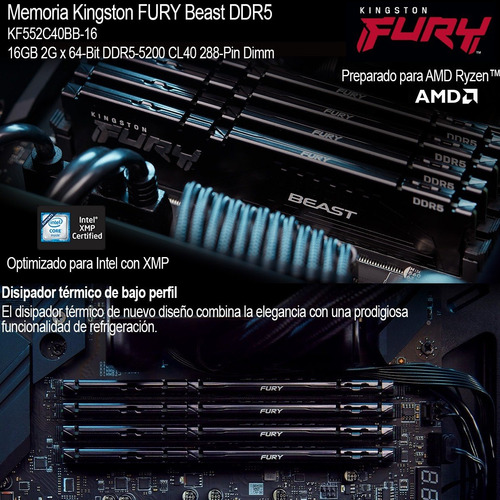 Imagen 4 de 5 de Memoria Ram 16gb 1x16 Kingston Fury Beast Ddr5 5200mz
