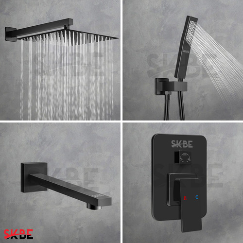 Skbe® Regadera Cuadrada Tipo Lluvia Alta Presión Con Regadera Telefono Y Grifo Del Baño Acero Inoxidable Color Negro