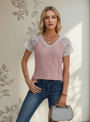 Camiseta Informal Con Cuello En V Y Panel Encaje Con Ojales