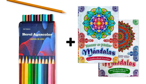 Pack 2 Libros Mandalas Colorear 72 Páginas + Caja 12 Colores
