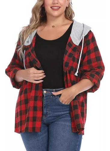 Camisa A Cuadros Para Mujer Con Capucha Y Manga Talla Grande