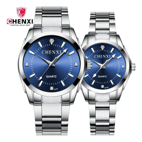 Relógio de quartzo Chenxi de luxo para casais, cor de fundo azul de 2 peças
