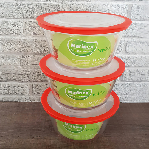 Kit 3 Potes De Vidro Redondo Com Tampa Plástica 2,4l Cozinha
