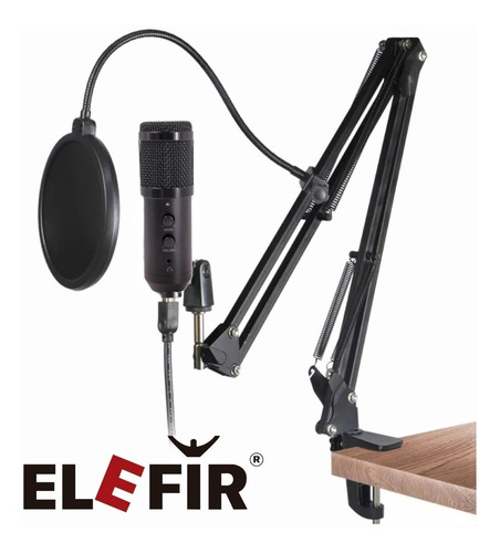 Imagen 3 de 10 de Kit Microfono Condenser Elefir 2020 Usb Tripo Brazo Antipop