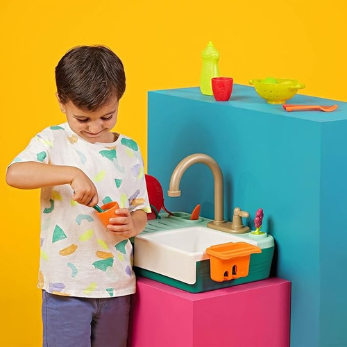 B Toys - Set Juego De Fregadero Realista Con Agua, 18 Piezas