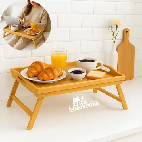 Bandeja Café da Manhã para Cama em Bambu Pés Dobráveis 50x30cm