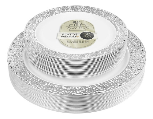 Platos Elegantes Plateados 50 - 25 Servicios Tipo Encaje Color Plateado