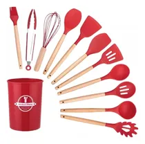 Comprar Set Utensilios De Cocina Punta Silicona Mango Madera Kit X12