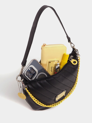 Cartera De Hombro Andes Chica Tote Juanita Jo Mujer Dama Negro Con Amarillo Lisa