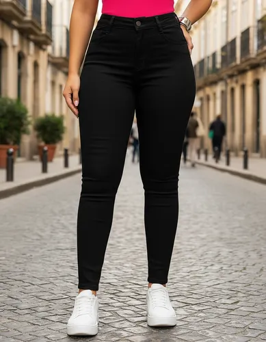 Mulher em pé em frente, usando calça jeans skinny preta de cintura alta e tênis brancos, em uma rua de paralelepípedos.