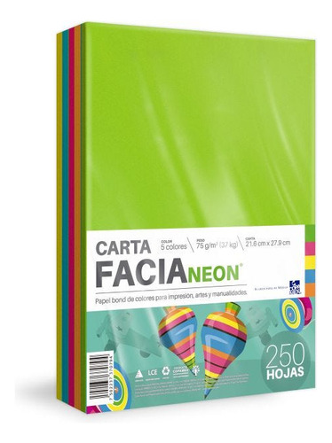 Bond Colores Neon Facia C/250 H. Carta 75 Gms. 5 Cols.